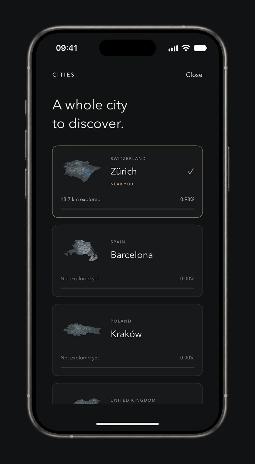 Onward city selection on iPhone, with nearby Zürich highlighted and supported city miniatures