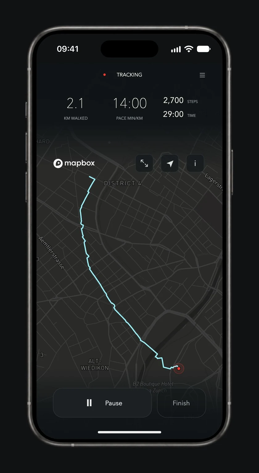 Onward tracking on iPhone: an ice-blue route on fictional public Zürich streets, with distance, pace, steps, time and Pause and Finish controls