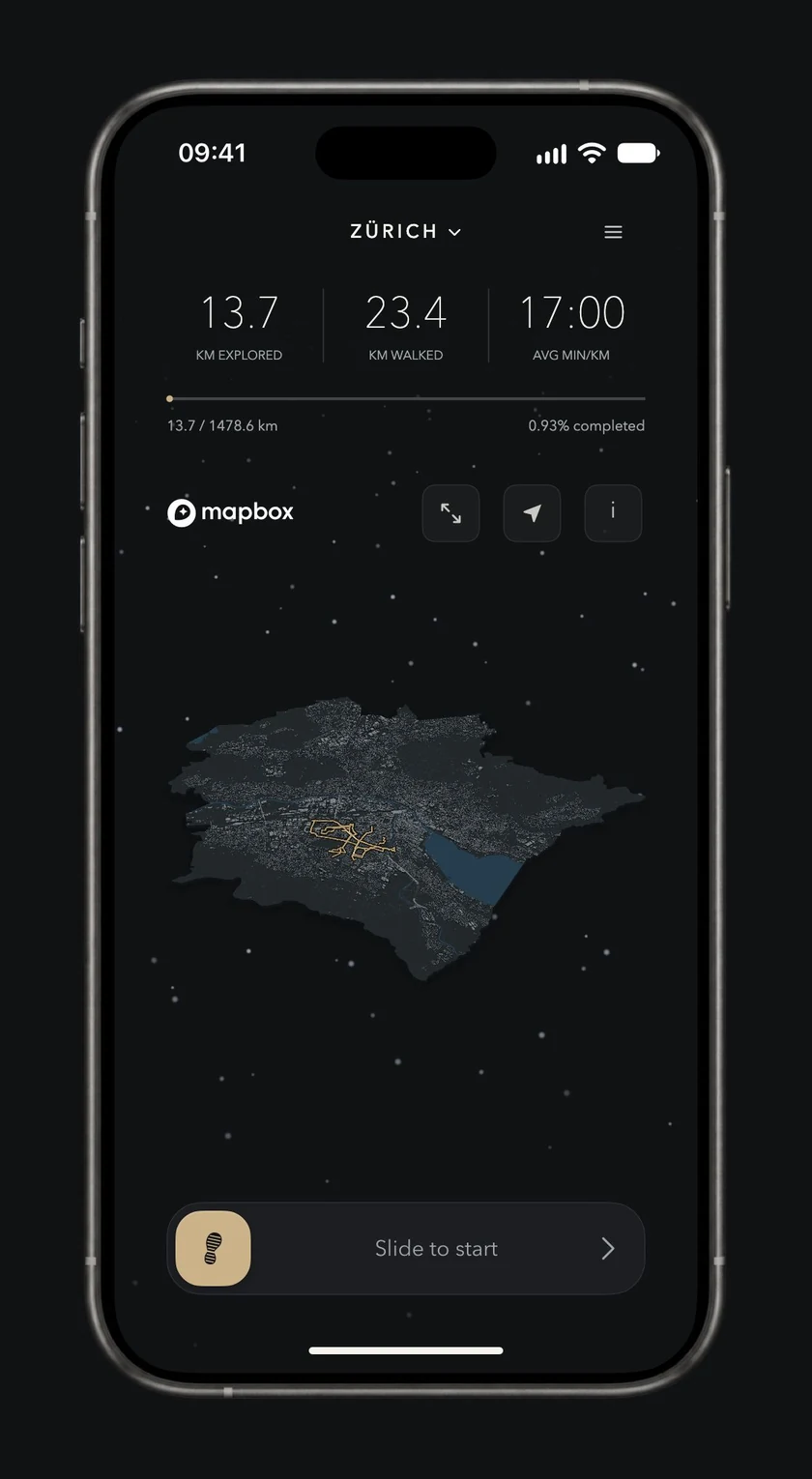 Onward on iPhone: floating Zürich city overview